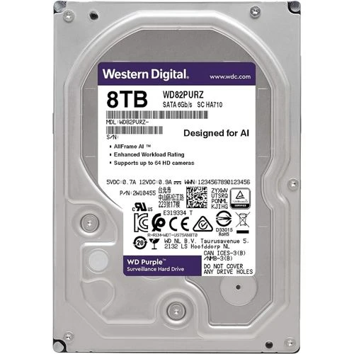 Western Digital 8TB WD Purple Surveillance Internal Hard Drive HDD - SATA 6 Gb/s, 256 MB Cache, 3.5"