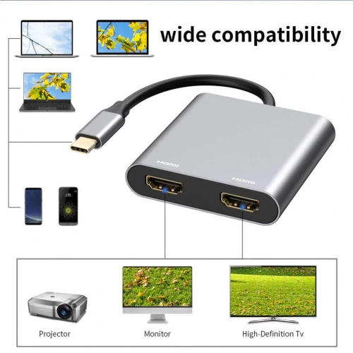 2-in-1 Type C Hub to Dual HDMI Adapter 4K USB C to Dual HDM Yype c Hub Converter Cable